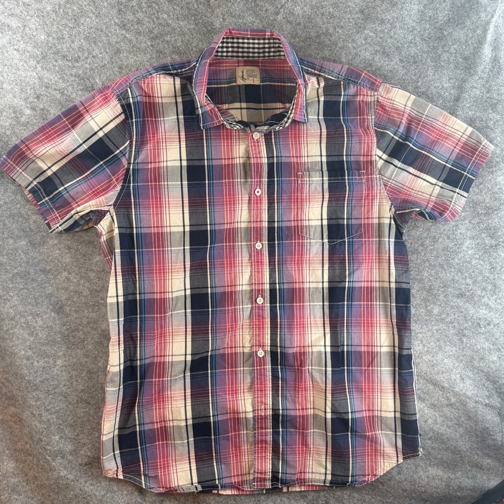 Howe Button Down Shirt Mens Large Red Navy Plaid Short Sleeve Casual Pocket